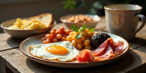 Sunny Morning Full English Breakfast Plate Featuring Fried Egg, Bacon, Beans, and More