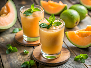 Fototapeta premium Refreshing melon smoothie with mint garnish on a wooden table.