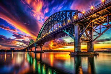 Fototapeta premium Low Light Bridge Silhouette Against Dramatic Sky - Night Photography Stock Image