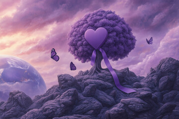 Lavender purple ribbon all kind of cancer awareness on heart tree with butterfly on Earth planet. Alzheimer's disease, Pancreatic cancer, Hodgkin's Lymphoma awareness. World Lupus Day and world cancer