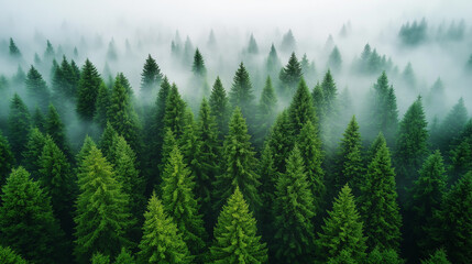 Fototapeta premium Vibrant Pine Forest Covered in Morning Mist, Foggy Pine Forest in Soft Morning Light