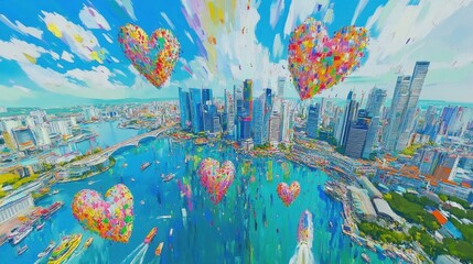 Colorful Heart Balloons Soaring Over Singapore Skyline - Artistic Impression.