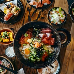 Overhead view of food served in bowl on table