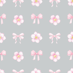 flowers, bow. Watercolor seamless pattern for textile and wrapping paper. Cute spring illustration for Valentine's Day, Mother's Day, Birthday