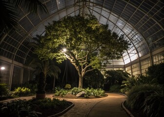 Low Light Greenhouse Interior with Majestic Tree - Stock Photo