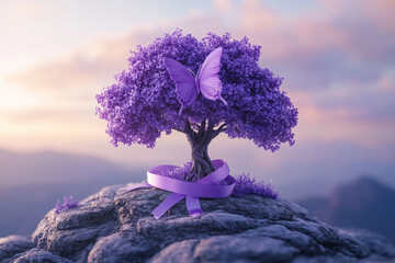 Lavender purple ribbon all kind of cancer awareness on heart tree with butterfly on Earth planet. Alzheimer's disease, Pancreatic cancer, Hodgkin's Lymphoma awareness. World Lupus Day and world cancer