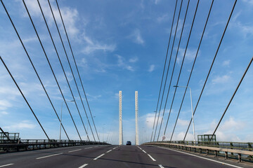 Drivers perspective on cable-stayed Queen Elizabeth II Bridge on the A282 road over the Dartford–Thurrock River Crossing or Dartford Crossing, Dartford, UK over the River Thames