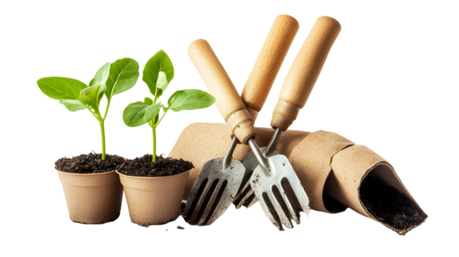 Garden tools with seedling on a transparent background. isolated background.