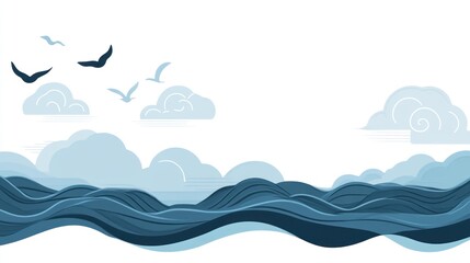 Stylized seascape with birds and clouds.