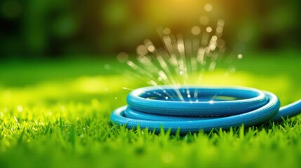 A vibrant blue garden hose rests on lush green grass, water droplets spraying from its end, bathed in warm sunlight, signifying the joy of outdoor gardening and a refreshing summer day.