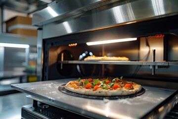 High tech food printer producing gourmet pizza in a modern kitchen setting