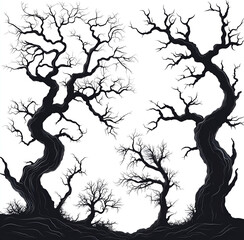 set of dead trees silhouettes on white