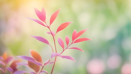 Close-up of delicate pink leaves against a soft, blurred green and yellow background.