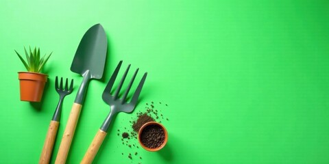 Gardening tools and succulent plant on green background, ready for spring planting