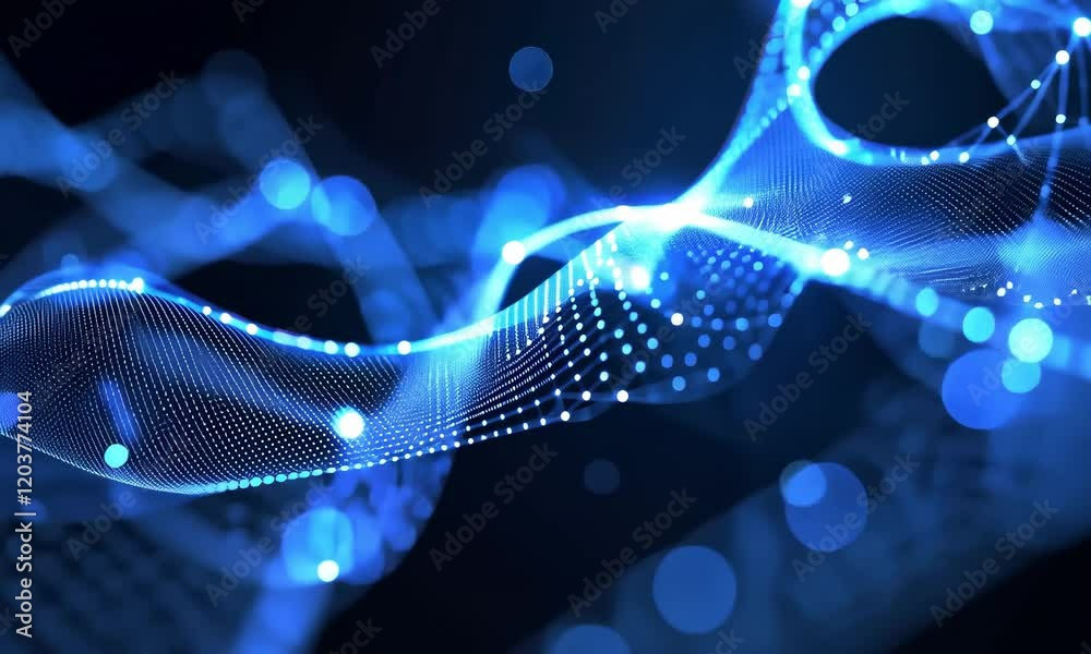 Wall mural captivating abstract blue light waves: a stunning digital background with dotted patterns and soft b