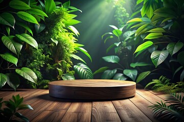 Obraz premium Low Light Photography: Rustic Wooden Podium with Lush Green Leaves