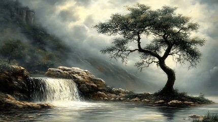 Solitude by the Waterfall:  A solitary tree stands sentinel beside a cascading waterfall in a misty mountain landscape, creating a scene of serene beauty and introspective tranquility.