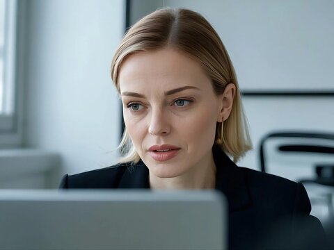 Businesswoman sit at desk in office; look at camera; lead online talk with client or colleagues; provide professional help; consultation; advice; presents new idea or project details.