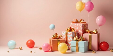 A festive arrangement of pastel gifts with golden bows and buoyant balloons, celebrating a joyous occasion