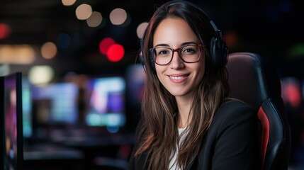 Obraz premium A woman wearing glasses and a black jacket is smiling at the camera. She is sitting in front of a computer monitor