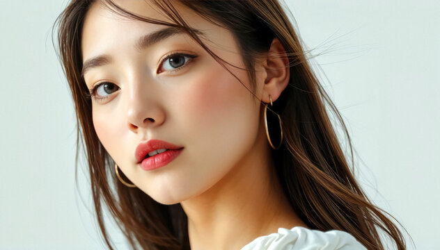Close up portrait of young Asian woman with long brown hair and subtle makeup wearing hoop earrings