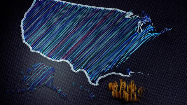 3D animation of an embroidered map of United States. The colorful threads and fabric are shown from various perspectives, with motion effects highlighting the details and the word United States.