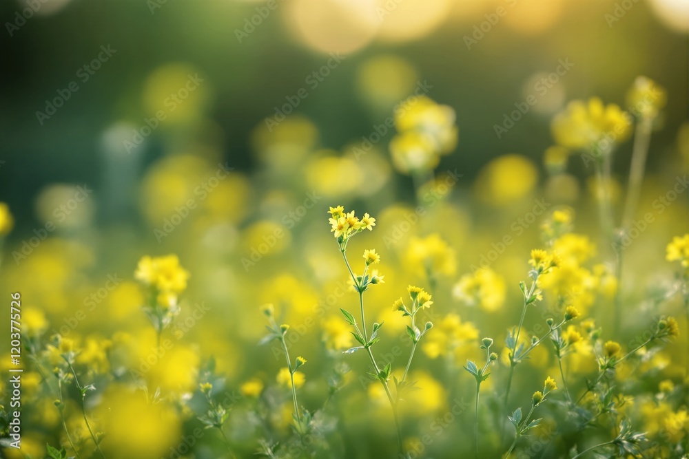 Aufkleber yellow wildflowers in a meadow with soft bokeh light background.