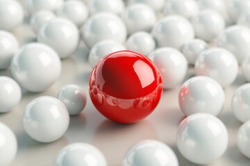 Red sphere among white spheres on light background, abstract concept of uniqueness and individuality.