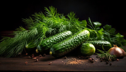 Fresh cucumbers paired with aromatic dill and assorted spices, artfully arranged on a rustic table.