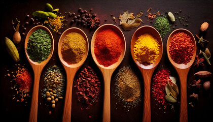 An artistic arrangement of spices and herbs in wooden spoons, laid out against a vividly hued surface.