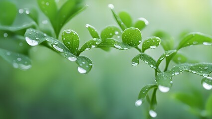Close-up of vibrant green leaves glistening with dew drops, creating a fresh and natural background.