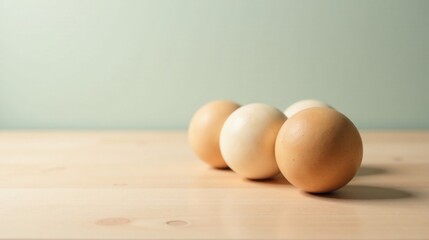 Three eggs, various shades of beige, rest gently on a light wooden surface against a muted green backdrop