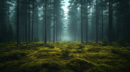 Naklejka premium Sunlit Forest with Glowing Rays, Mossy Forest Under Soft Sunlight