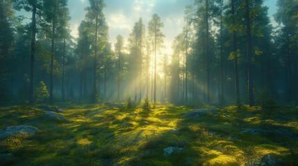 Obraz premium Sunlit Forest with Glowing Rays, Mossy Forest Under Soft Sunlight