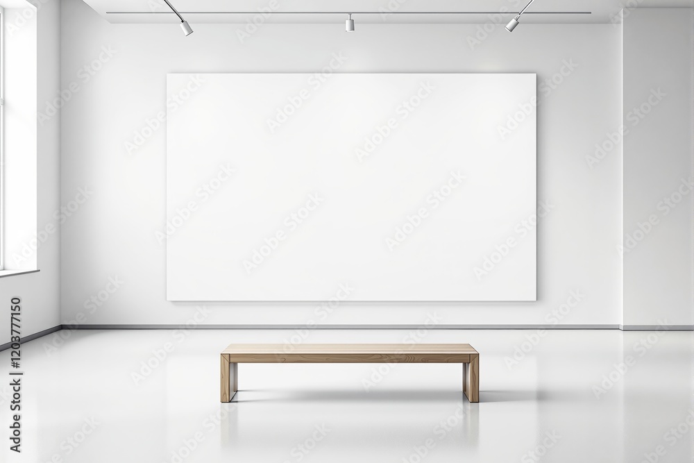 Poster blank white frame in a minimalistic gallery room with a wooden bench placed below.