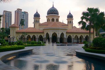 Obraz premium The Wilayah Persekutuan Mosque in Kuala Lumpur at Dusk with Illuminated Minarets.