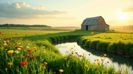 Obraz premium Serene Sunset Landscape Featuring a Rustic Barn and Blooming Wildflowers by a Gentle Stream