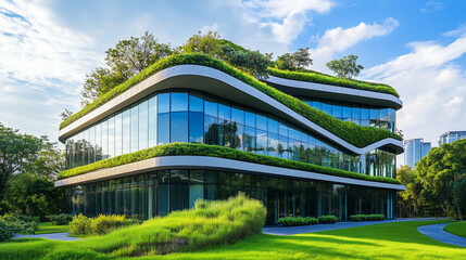 Fototapeta premium office building with green roof gardens, blending into a lush green environment, with an green fields and a clear sky,
