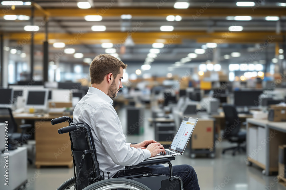 Aufkleber A man using a laptop in a wheelchair in a warehouse environment.