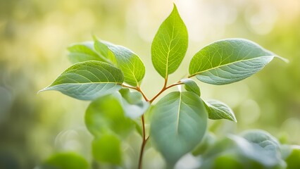Fototapeta premium Close-up of vibrant green leaves on a branch, bathed in soft sunlight against a blurred natural background.