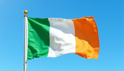 Irish flag displayed against a bright blue sky, representing St. Patrick's Day celebration on March 17th