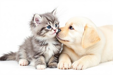 Obraz premium Kitten and puppy lying together on a white background.