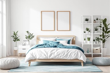 Brightly lit modern bedroom with teal and white decor, wooden furniture, and indoor plants on white background.