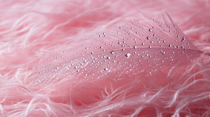 Fototapeta premium Dewy feather on pink fur, soft background