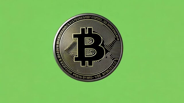 Bitcoin Symbol: A close-up shot of a Bitcoin symbol, a symbol of digital currency and decentralized finance. The iconic "B" logo is centered on a silver coin against a vibrant green background.