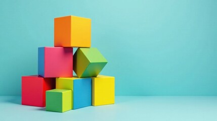 Obraz premium A vibrant stack of colorful blocks against a light blue backdrop, showcasing primary and secondary hues in a playful arrangement.