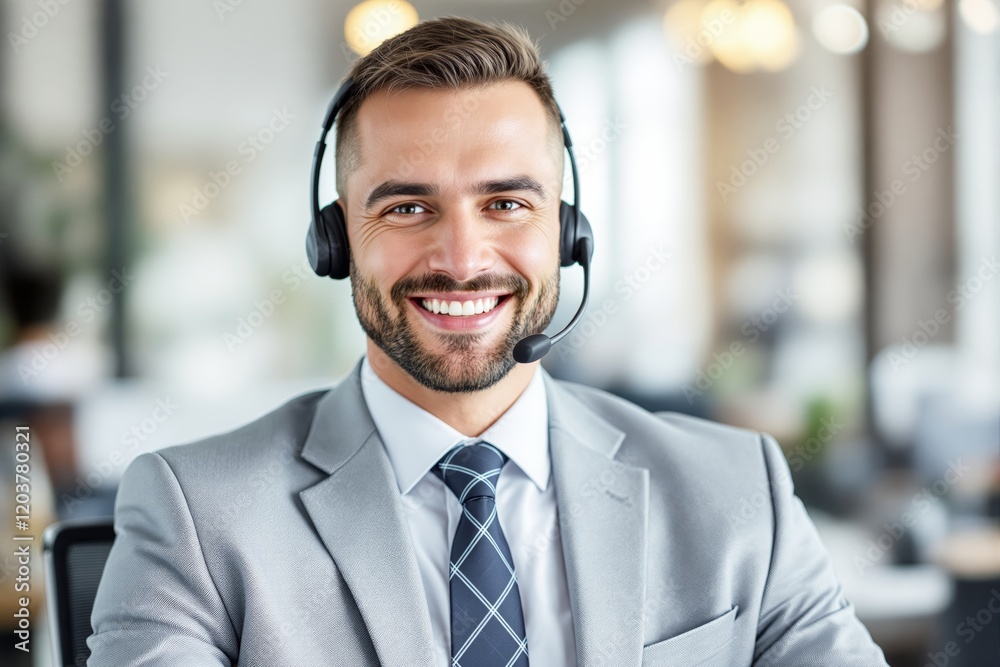 Aufkleber smiling customer support representative wearing a headset in an office environment.