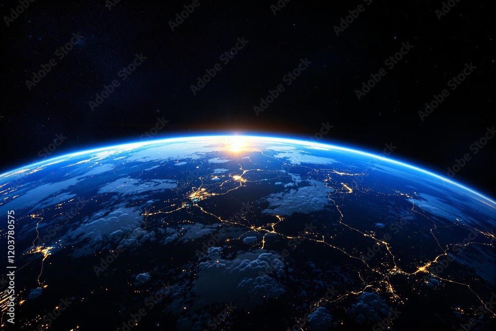 Poster sunrise over earth from space with illuminated cities and glowing atmosphere.