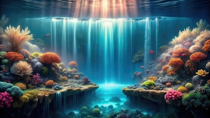 Fototapeta premium A coral reef with a waterfall-like effect from the dripping of seawater, creating a misty atmosphere, ocean water, waterfalls in the sea, coral reef, ocean waves, tropical environment