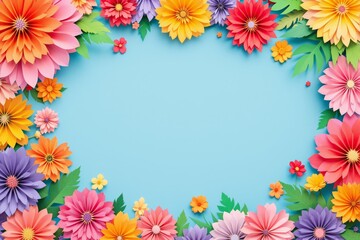 Colorful floral frame with vibrant paper-like flowers on a bright blue background.